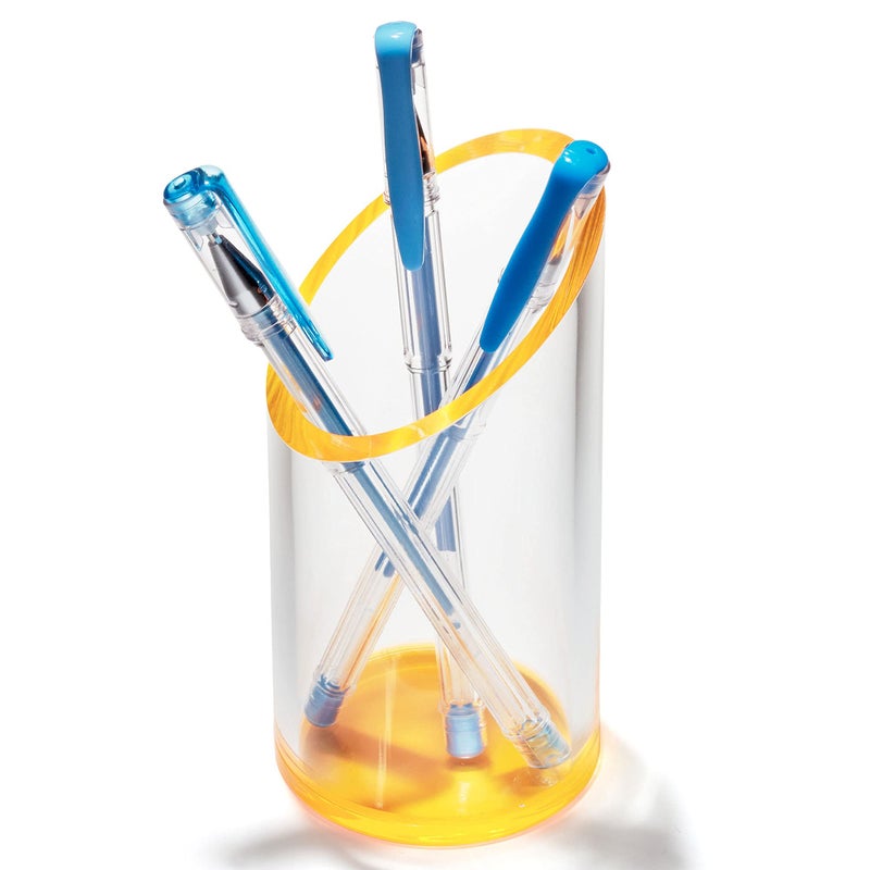OfficeGoods Acrylic Pen & Pencil Holder - Modern Cylinder Design - Beautiful Desk Organizer for Home or Office - Contrasting Base & Rim - 5.25â€ H x 2.5â€ W - Neon Tangerine - Image 1